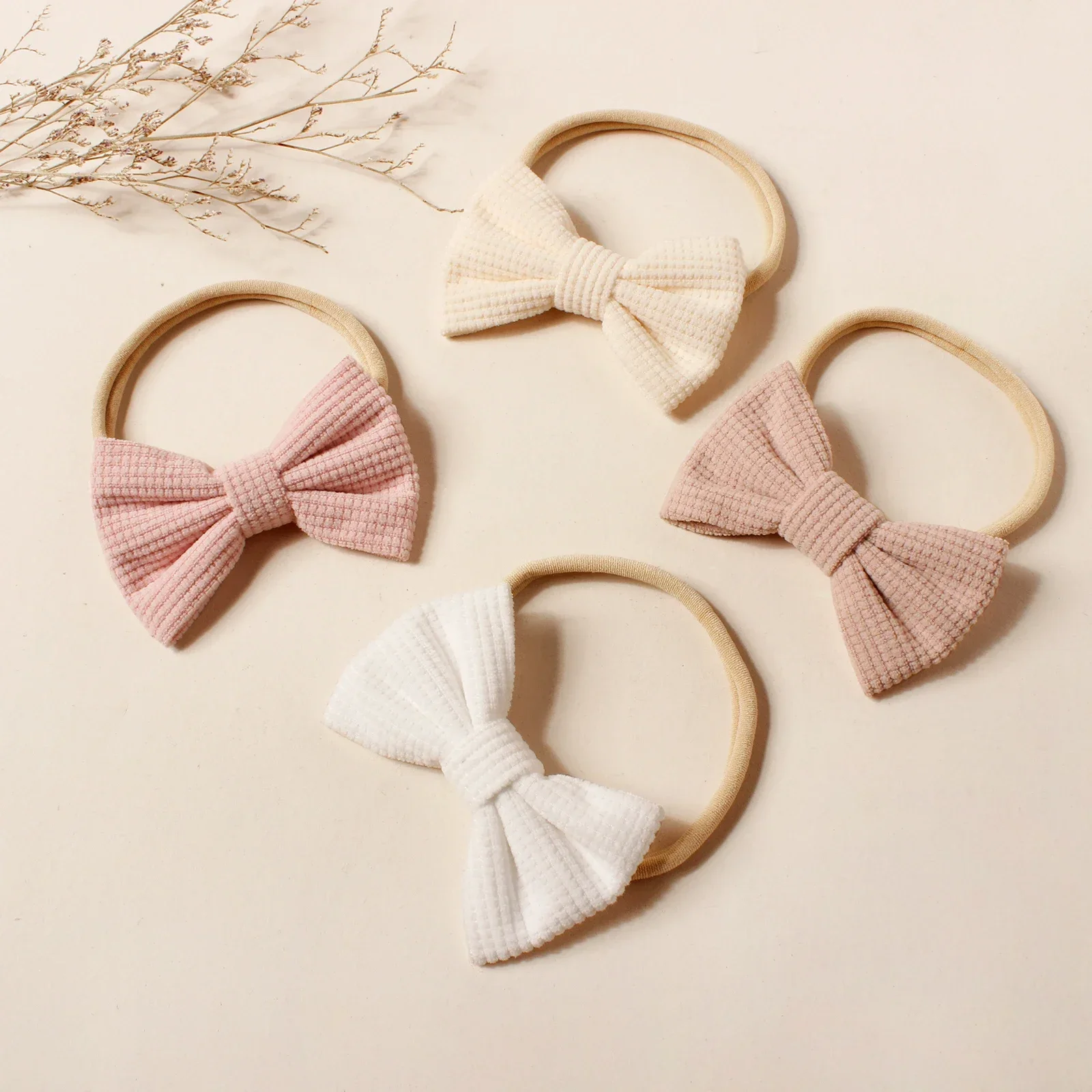 Diadema elástica con lazo para bebé, 4 Uds., gofres de pana, nudo superior de nailon suave para niña pequeña, decoración de moda para fiesta, accesorio para el cabello - imagen 2