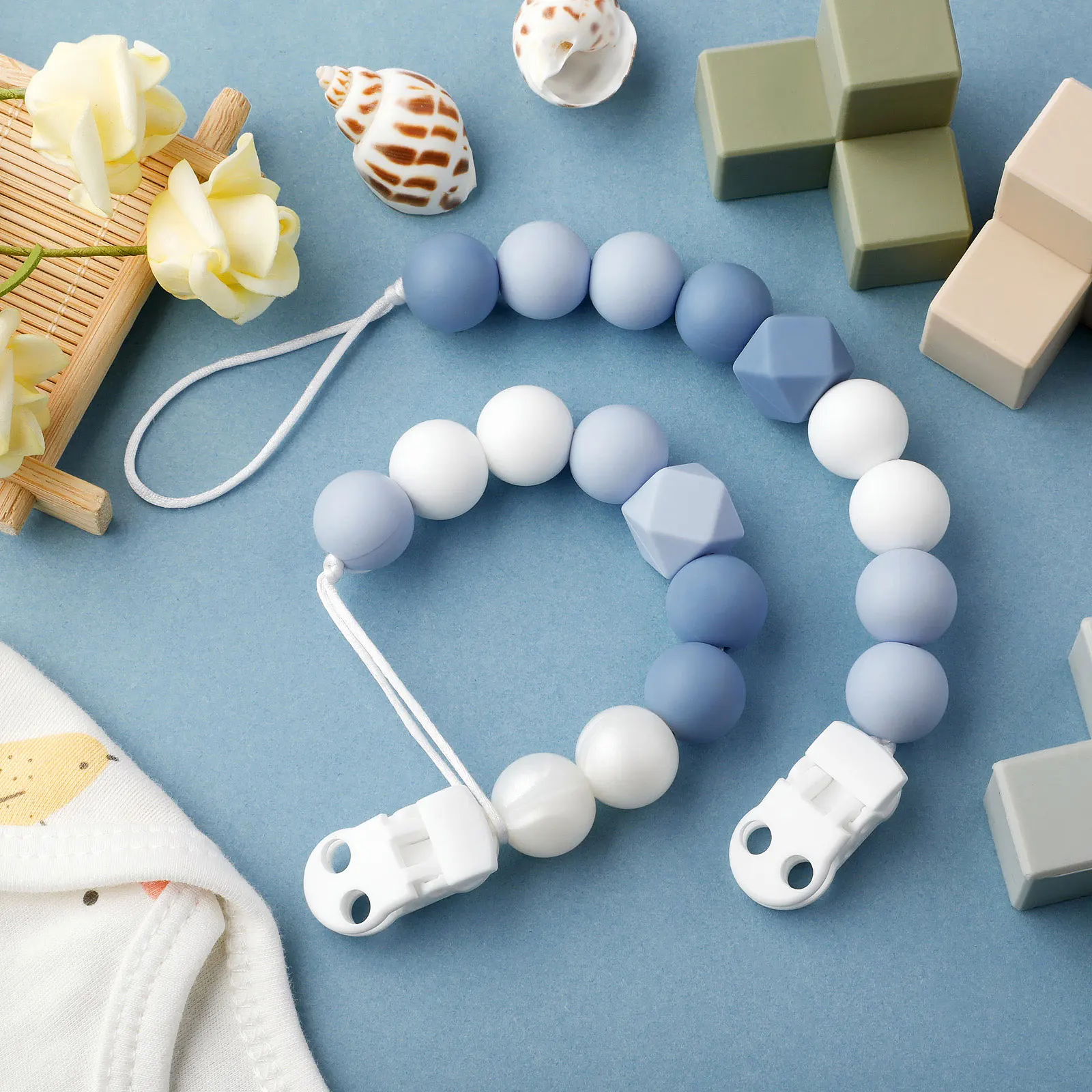 Clip para chupete de bebé, cuentas de silicona, mordedor infantil, cadena anticaída, juguete de dentición seguro para recién nacido, soporte para pezones, 2 uds.