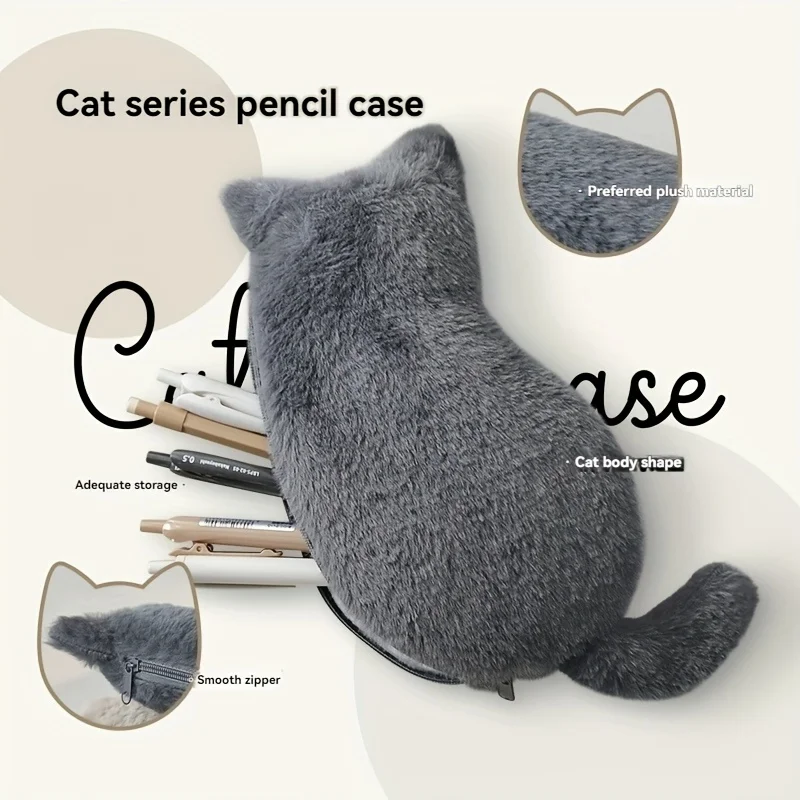 Estuche para lápices de gatito de peluche, estuche para lápices con forma de gato, bolsa de almacenamiento multifuncional y para suministros de oficina - imagen 4