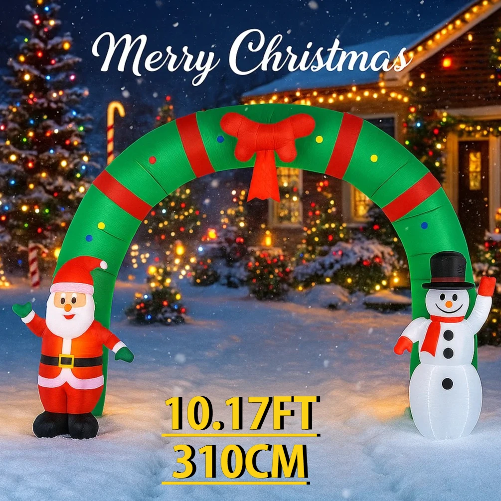 Arco inflable navideño gigante con muñeco de nieve y luces LED