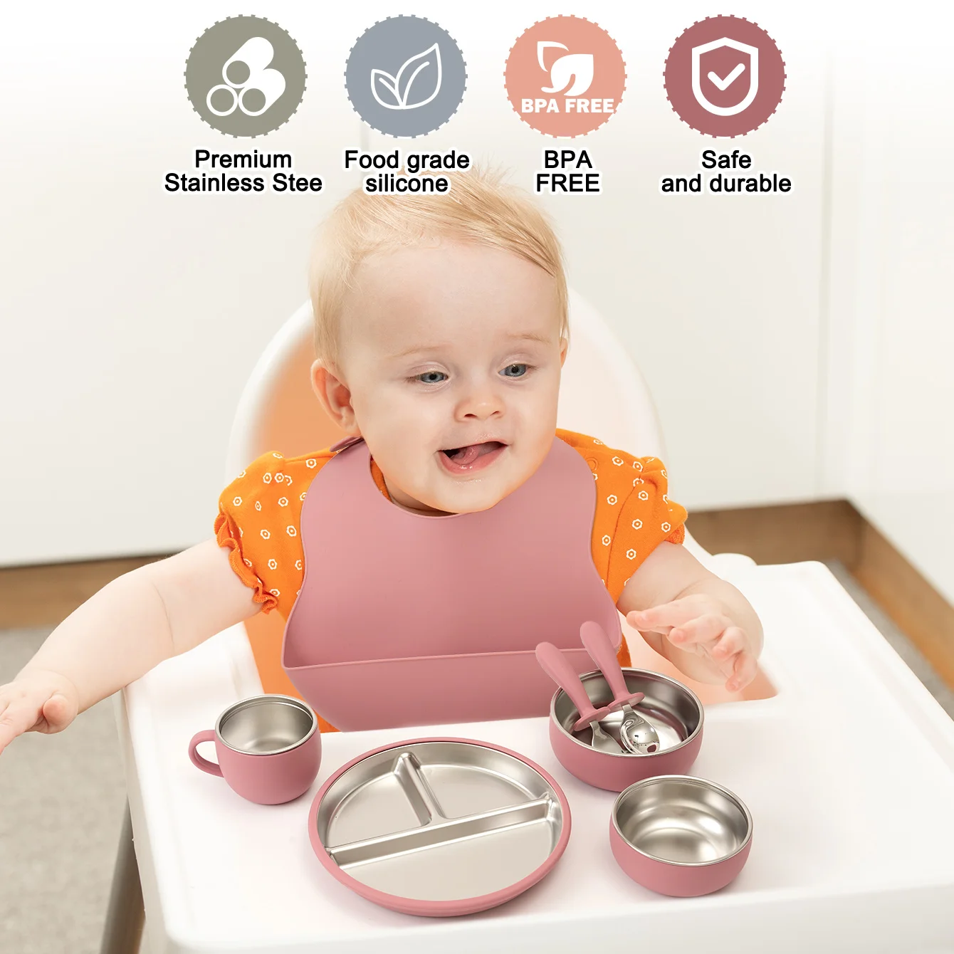 Set de alimentación infantil con ventosa de silicona y acero inoxidable - imagen 5