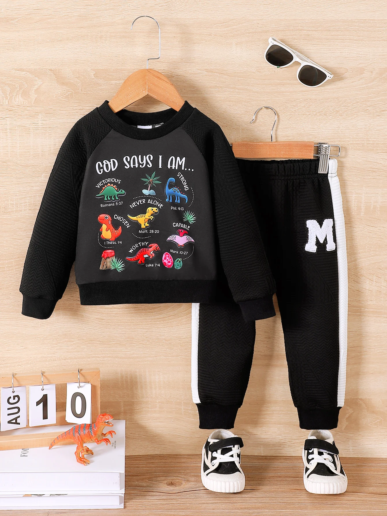 Conjunto de manga larga con dinosaurio negro para bebés