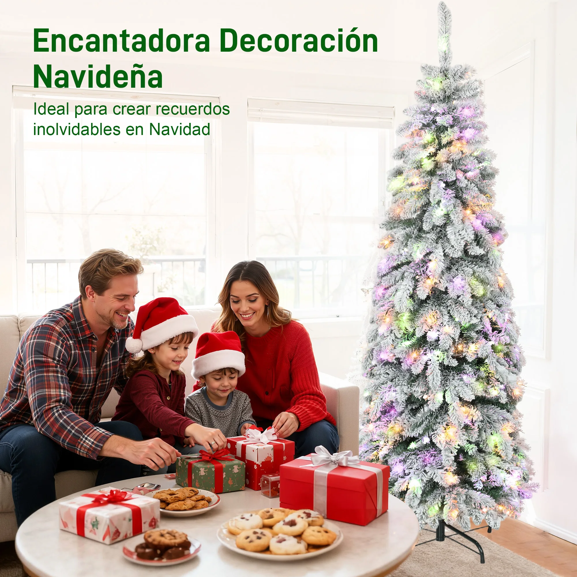 HOMCOM Árbol de Navidad Estrecho 180 cm con Luces LED Bicolores y 11 Modos, Árbol de Navidad Nevado, Temporizador, 540 Ramas, Soporte de Acero, Montaje Fácil, Verde - imagen 4