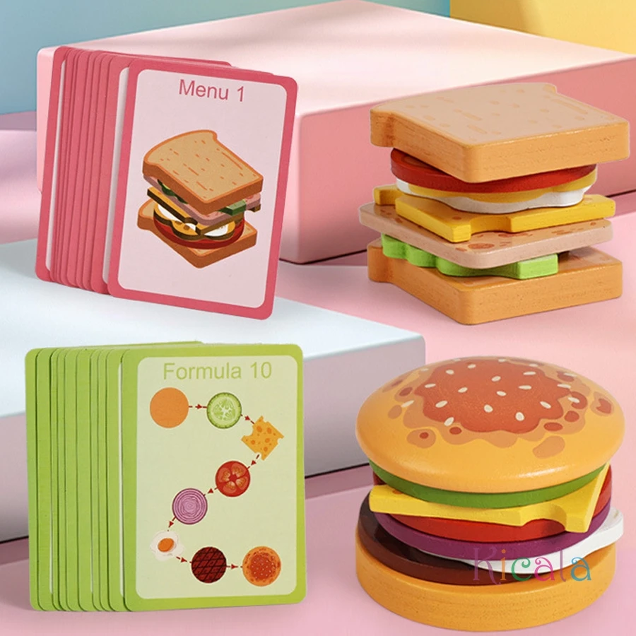 Juguetes apilables de hamburguesas de madera Montessori para niños pequeños, juguetes educativos para preescolar, juego de comida, juguete de cumpleaños a juego para niños - imagen 2