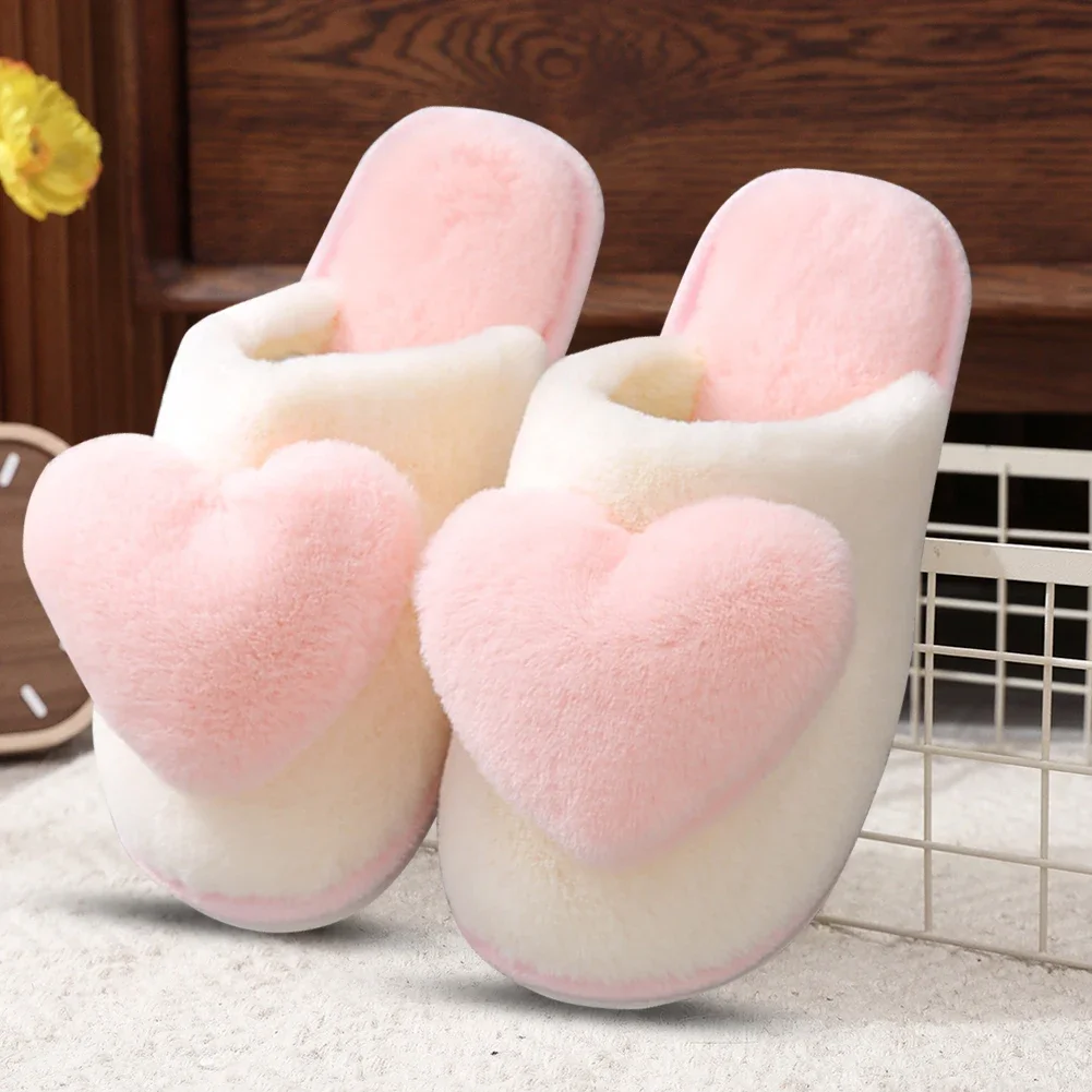 Zapatillas de casa impermeables para hombre y mujer, zapatos peludos de corazón, cálidos, de felpa, antideslizantes, de algodón, para dormitorio interior, Invierno - imagen 2