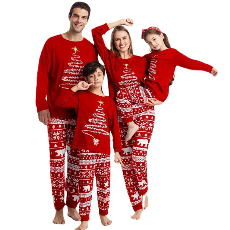 Conjuntos de pijamas con capucha familiar, pijamas navideños con estampado de cuadros, ropa de manga larga, ropa de descanso, pijamas rojos y marinos, 2 unids/set - imagen 4