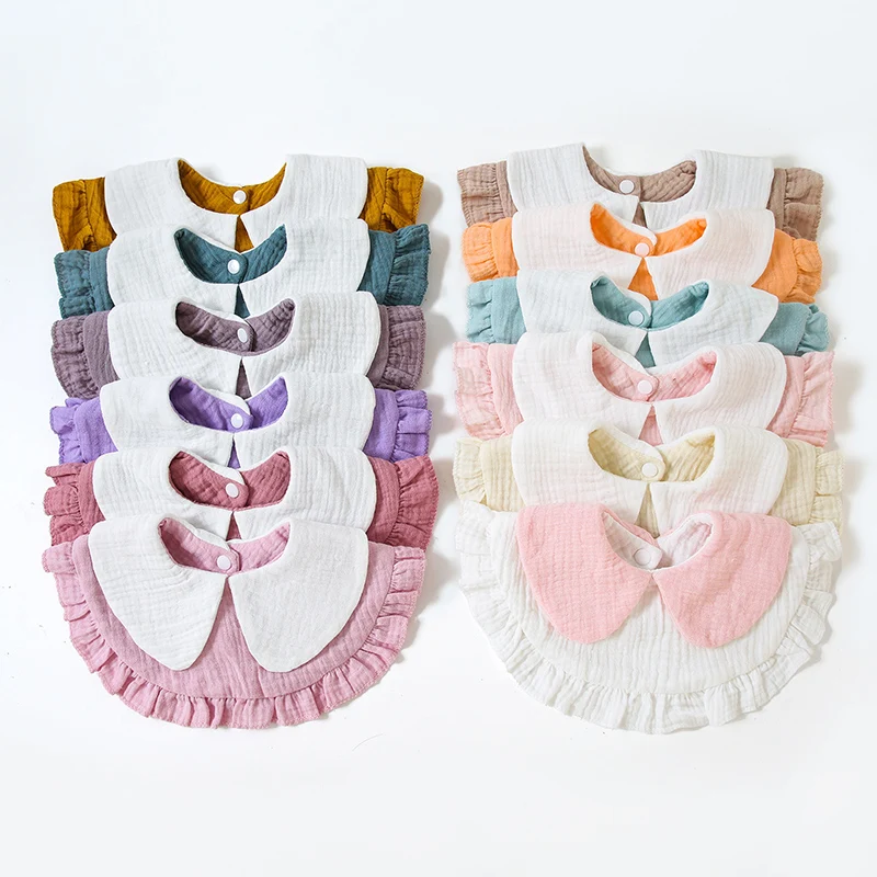 Baberos de gasa para alimentación de bebé, Baberos con volantes de Color sólido, toalla para Saliva, paños para eructar de algodón suave para niños y niñas, accesorios para niños - imagen 3