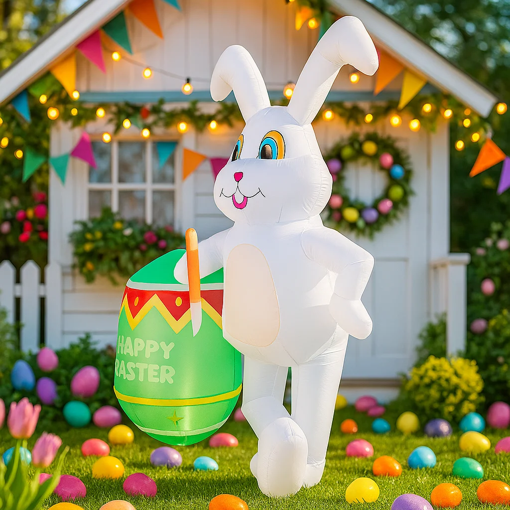 Decoración de Pascua de 2.1m/7 pies, Conejo Sentado en un Hongo Inflable con Luces LED Integradas, Adorno para Interiores, Exteriores y Patios - imagen 4
