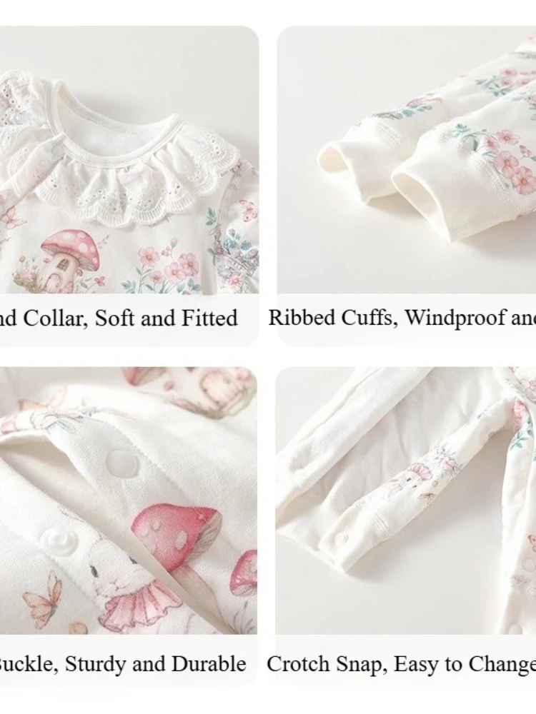 Mono cálido y grueso con sombrero para niña, pelele de manga larga con estampado bonito Unisex para invierno, pelele suave y cómodo para exteriores para niño - imagen 5