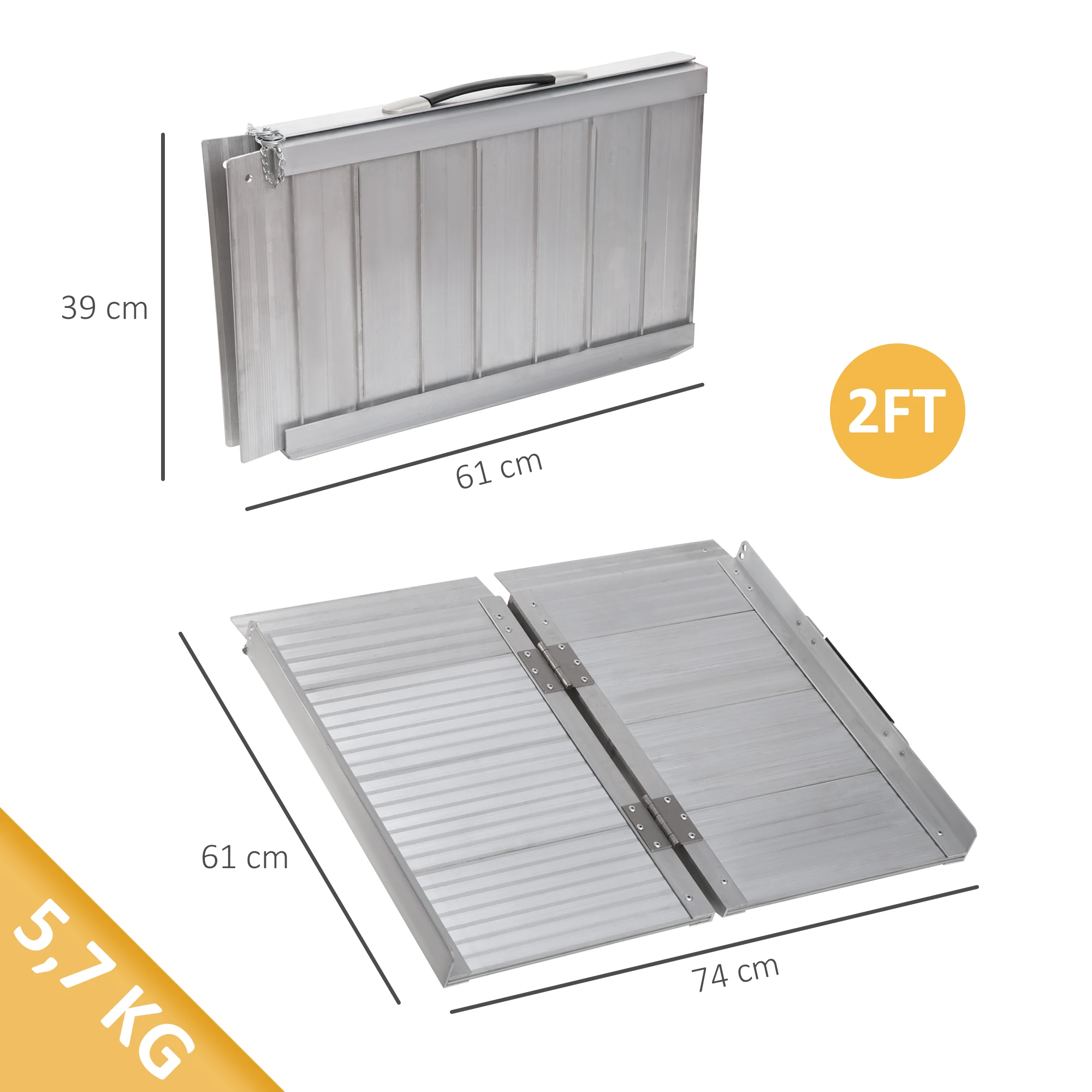 HOMCOM Rampa para Sillas de Ruedas Plegable, Carga 270 kg, Rampa Portátil de Aluminio Antideslizante con Bordes de Seguridad y Asa, para Escaleras, Puertas, Discapacitados - imagen 4
