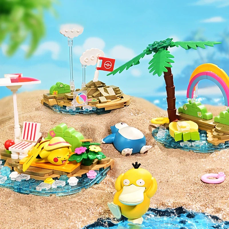 Bloques de construcción de Pokémon Pikachu Psyduck, escena temática de fiesta costera, bloques de modelismo, adornos decorativos de escritorio, juguetes DIY para niños, regalos