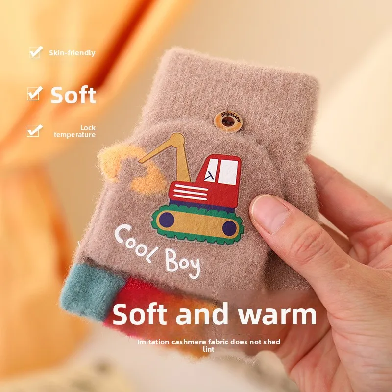 2025 Nuevos guantes para niños de excavadora: estilo de dibujos animados, tejido de medio dedo, a prueba de frío y cálido para niños pequeños en otoño e invierno. - imagen 2