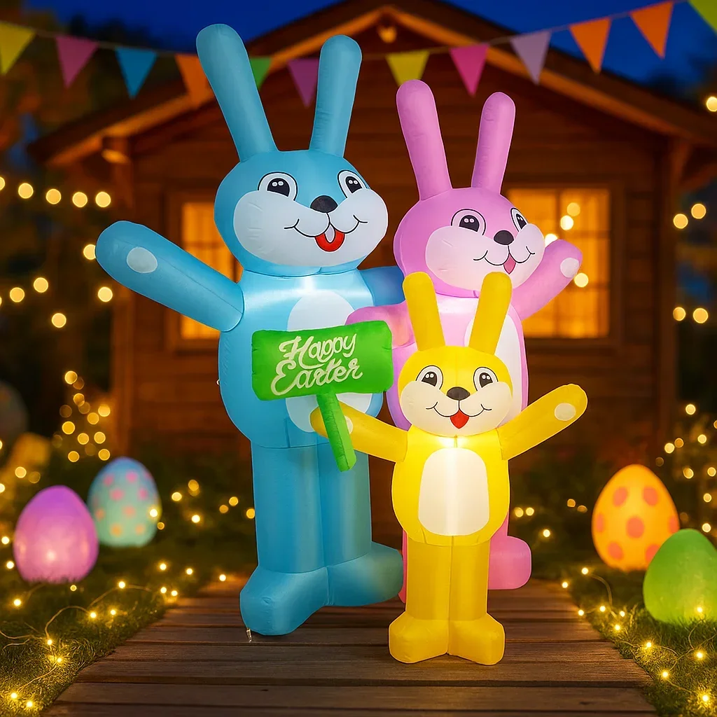 Decoración inflable de Pascua: 3 conejos LED para jardín