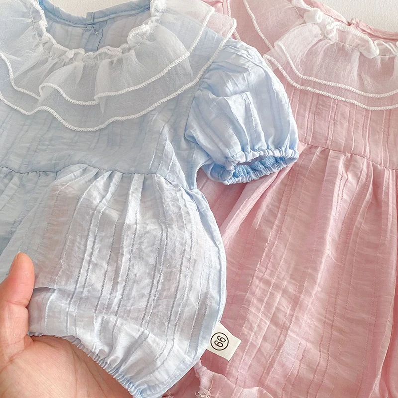 Body de verano para niñas de 0 a 2 años, bonito mono de encaje con cuello de hoja de loto para niñas pequeñas, mono de Color sólido, ropa para bebés - imagen 4