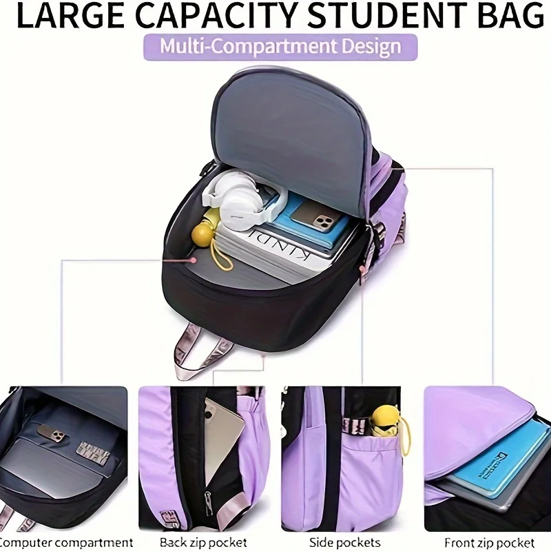 Mochila escolar de gran capacidad con bonito colgante de felpa, mochila bonita para niñas, mochila de tela de nailon impermeable para niños, adolescentes y estudiantes - imagen 5