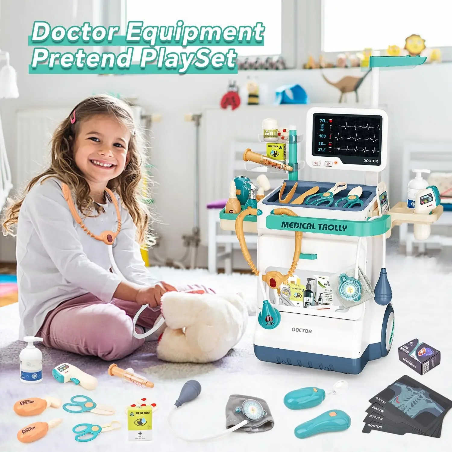 Kit médico para niños, juego médico de simulación para niños pequeños con estetoscopio de estación médica, juego de rol, juguete médico para niñas y niños
