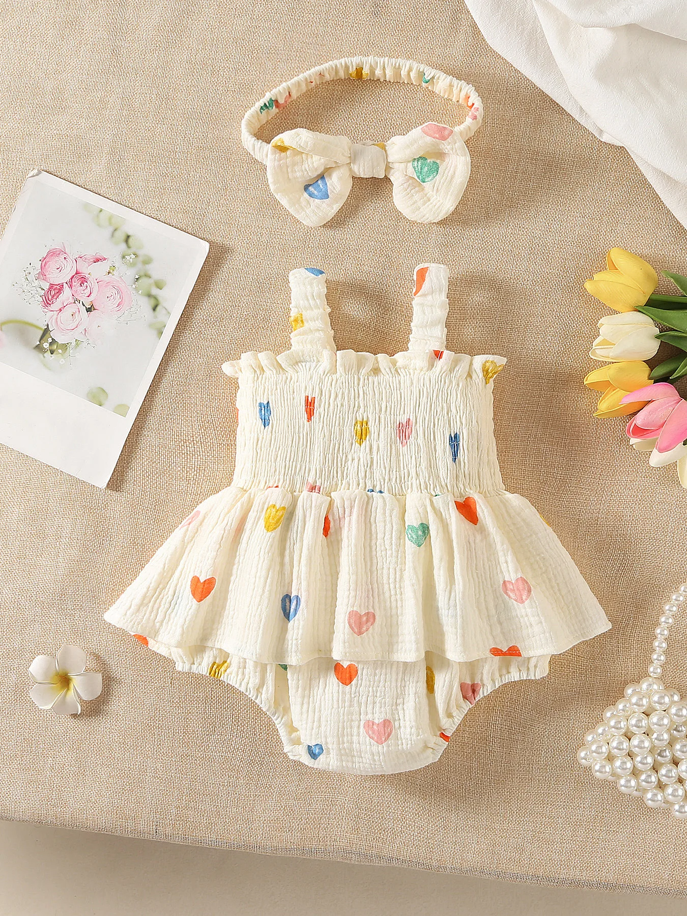 Ropa para niñas de 0 a 2 años, mono con estampado de corazón, camisola bonita, traje infantil de una pieza con volantes y diadema - imagen 3