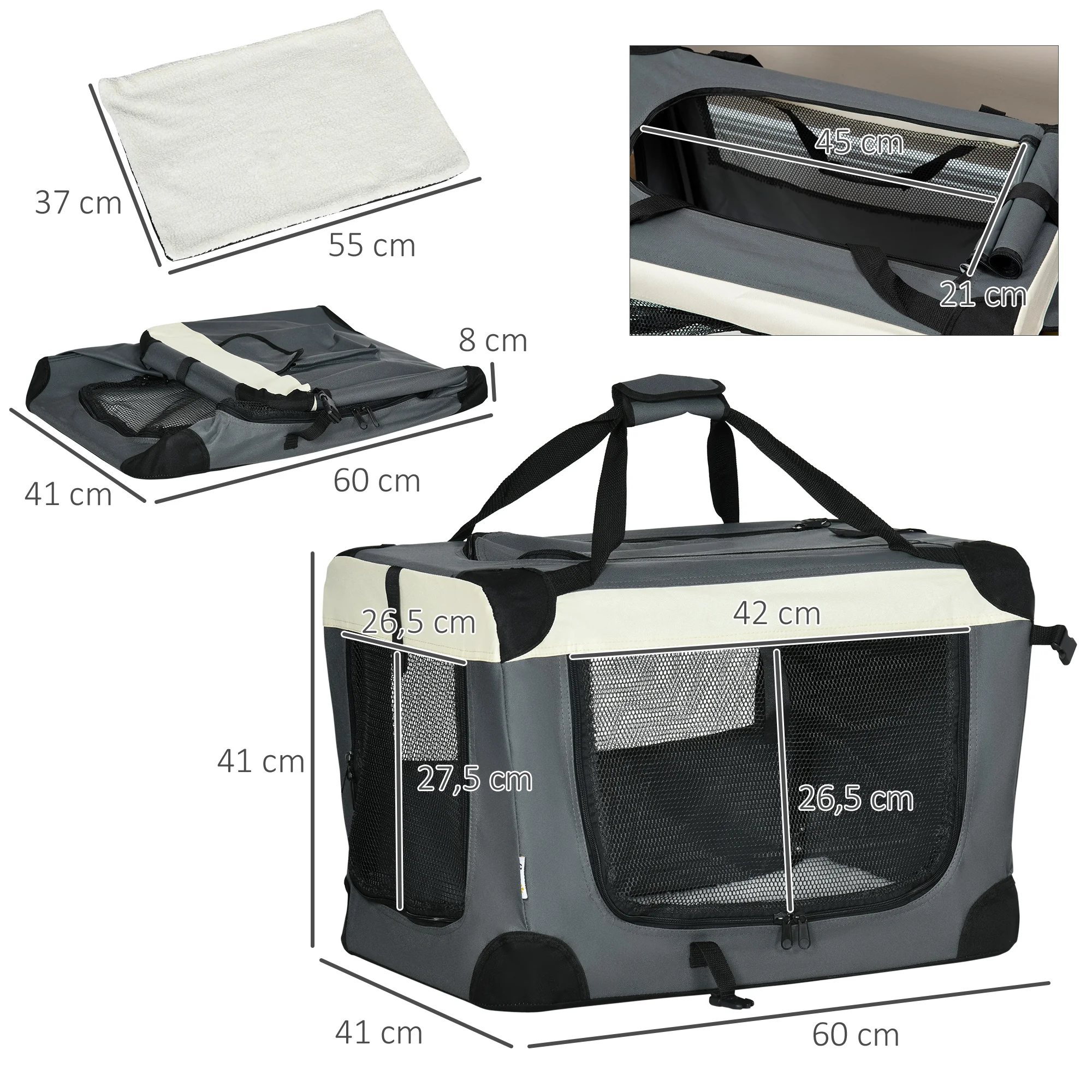 PawHut Transportín para Perros Plegable 60x41x41 cm Transportín para Mascotas con Ventanas Cojín Suave y 2 Correas del Hombro Bolsa de Transporte para Mini Perros Gatos Gris - imagen 3