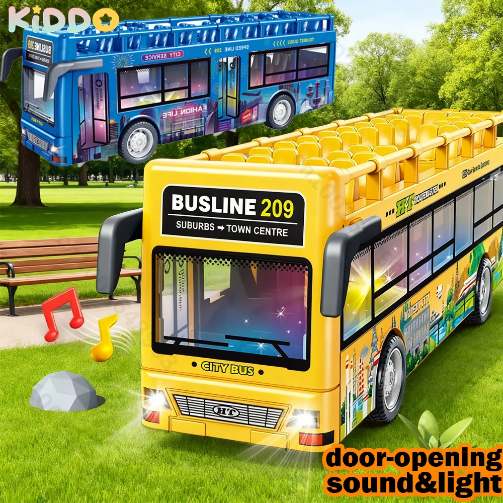 Modelo de autobús turístico de dos pisos, vehículos desplegables fundidos a presión, coche de inercia de juguete, Tour urbano, puerta de autobús, juguetes con sonido de luz abierta para niños