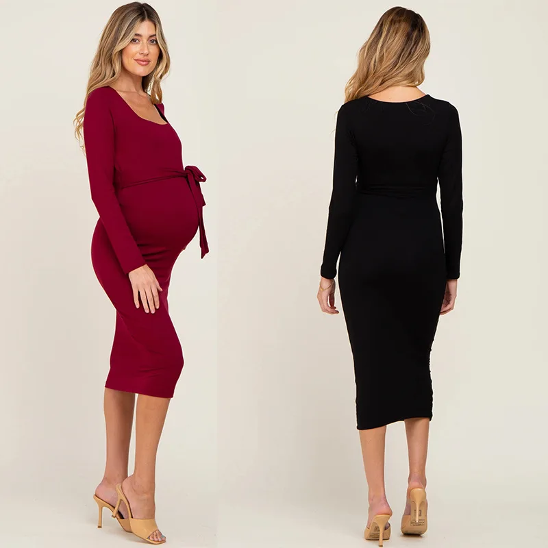 Vestido de maternidad elegante cuello grande cinturón lazo primavera - imagen 2