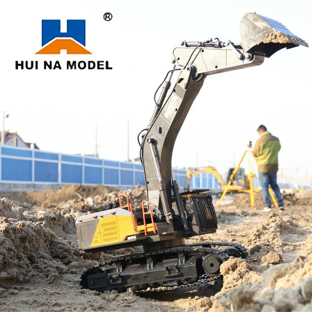 Huina-excavadora a control remoto 1592 para niños, vehículo de ingeniería grande de aleación, simulación Navvy RC, camión de juguete de 22 canales, 1:14