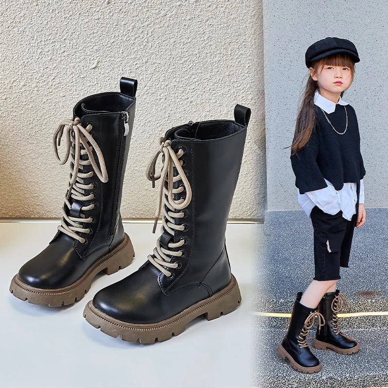 Otoño/Invierno moda Cool bebés niñas cálido tacón cuadrado punta redonda encaje Casual cómodo niños botas medias negras