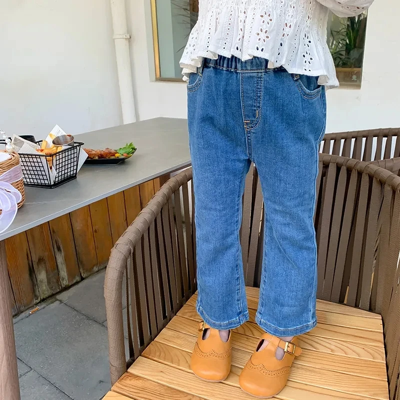 1 pieza de pantalones vaqueros de estilo informal para niñas, pantalones acampanados de mezclilla elásticos de cintura alta, pantalones para niños de primavera y otoño, pantalones vaqueros para niñas - imagen 3