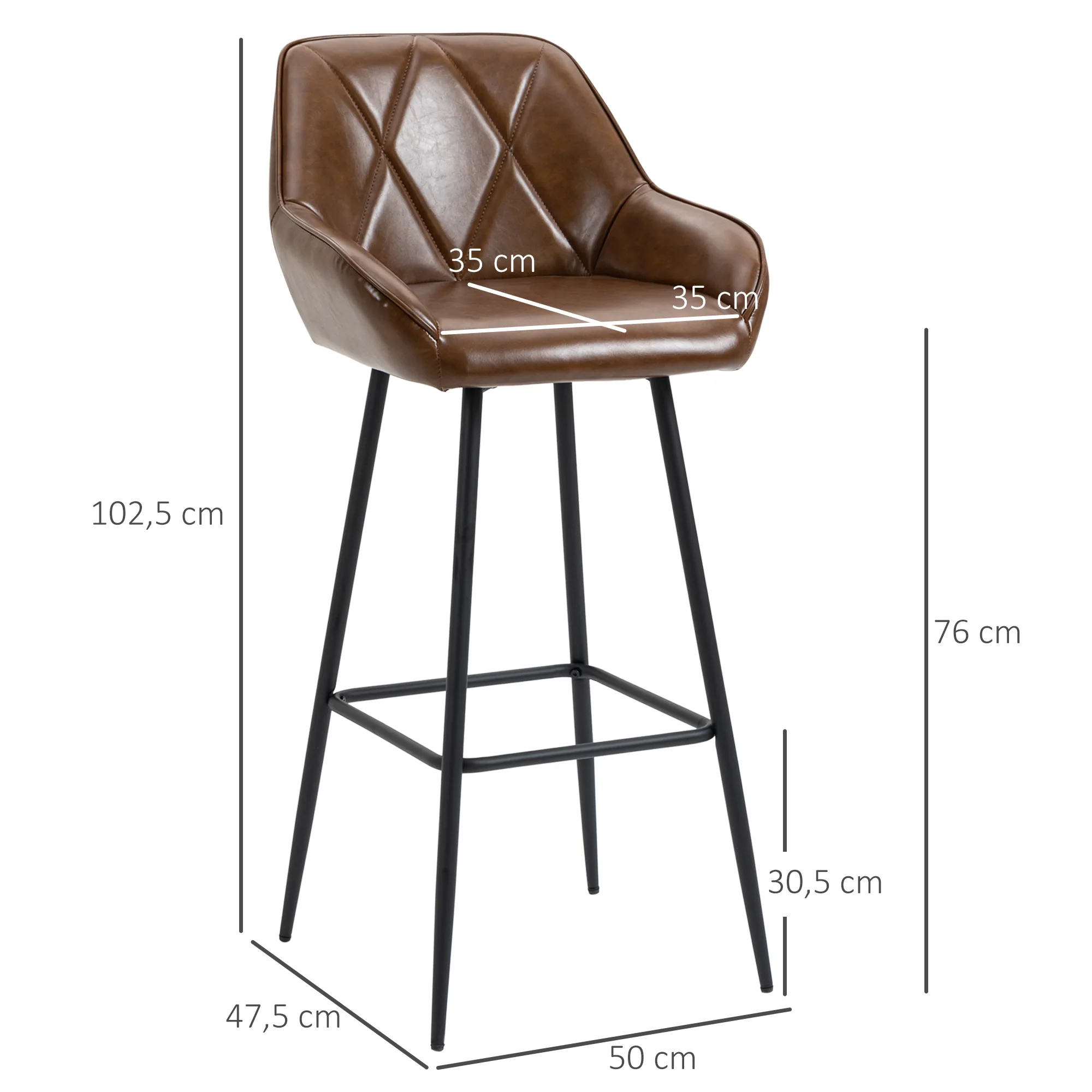 HOMCOM Juego de 2 Taburetes Altos de Cocina Taburetes de Bar Tapizado en PU con Respaldo Alto Patas de Acero y Reposapiés para Comedor Carga 120 kg 50x47,5x102,5 cm Marrón - imagen 3