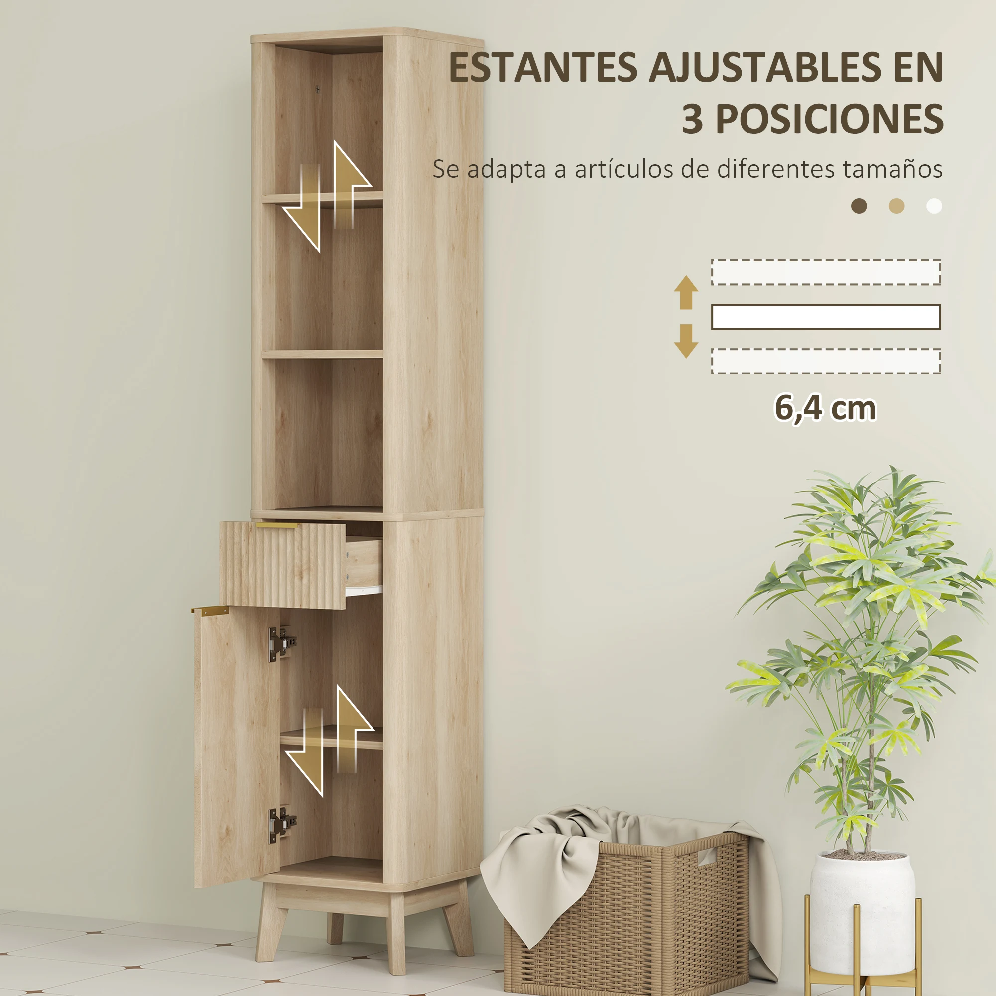 HOMCOM Mueble de Baño Estrecho Columna de Baño con Puerta de Acanalado Cajón 3 Compartimentos Abiertos y Estantes Ajustables 33x30x170 cm Natural - imagen 5