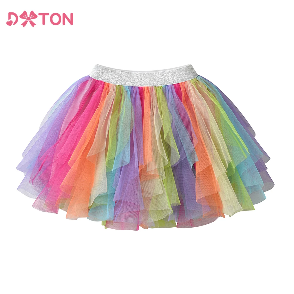 DXTON Tutú de tul malla arcoíris para niñas – Falda irregular baile - imagen 2