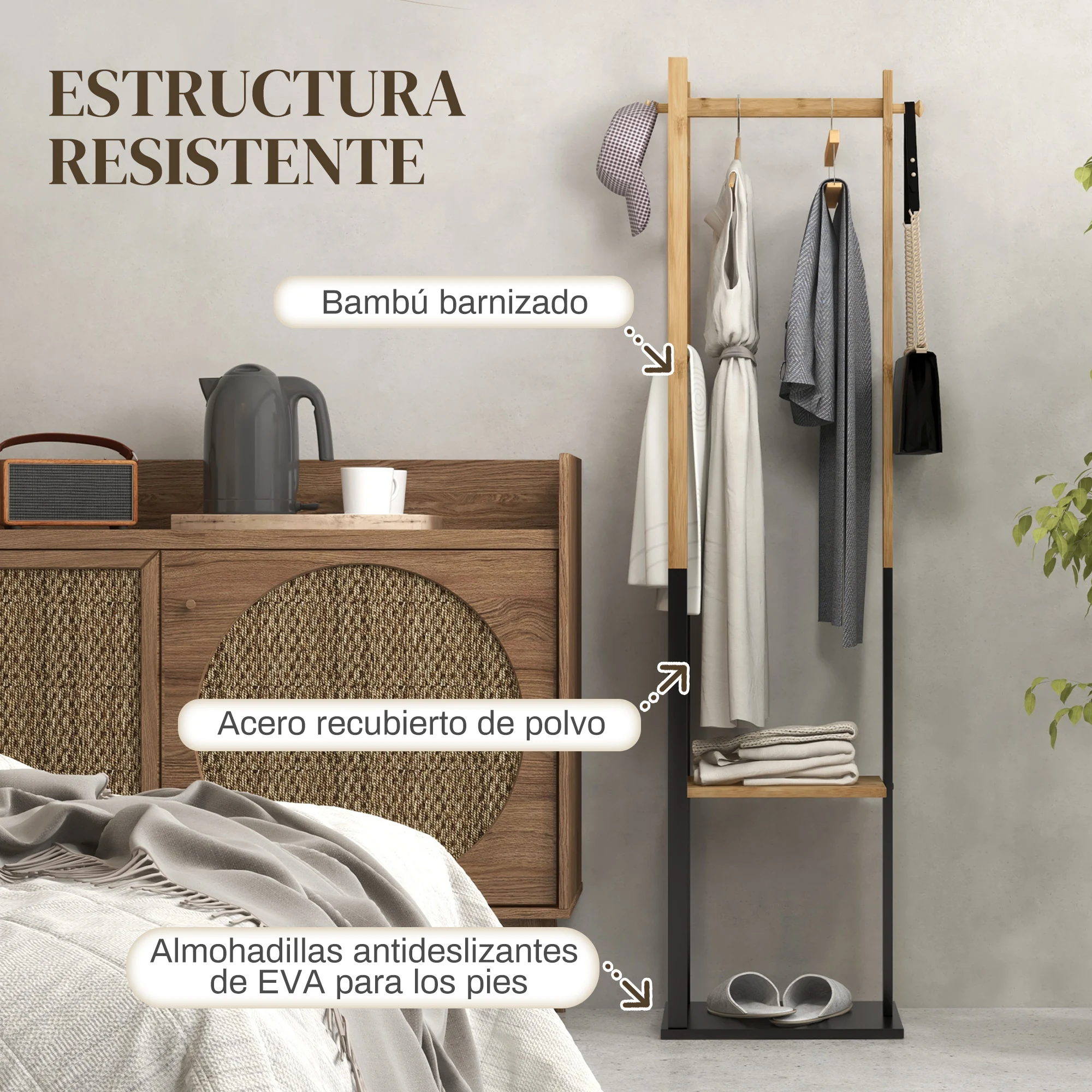 HOMCOM Perchero de Pie de Bambú, con 2 Estantes, 2 Ganchos, 5 Barras, Perchero de Entrada Recibidor con Estructura de Acero, para Colgar Ropa, en Pasillo, Sala de Estar, Dormitorio, Natural y Negro - imagen 5
