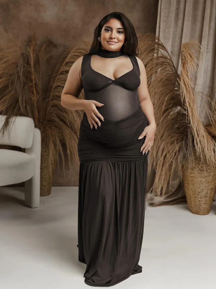 Vestido maternidad negro malla transparente sesión fotográfica embarazo - imagen 4