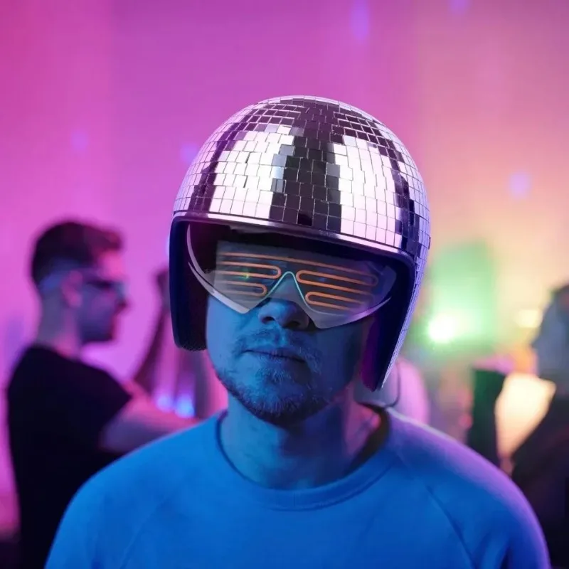 Casco de discoteca con purpurina, cascos de bola con purpurina y espejo, sombrero de bola de discoteca, casco para Club, Bar, fiesta, sombrero brillante de discoteca reflectante de cristal completo - imagen 4