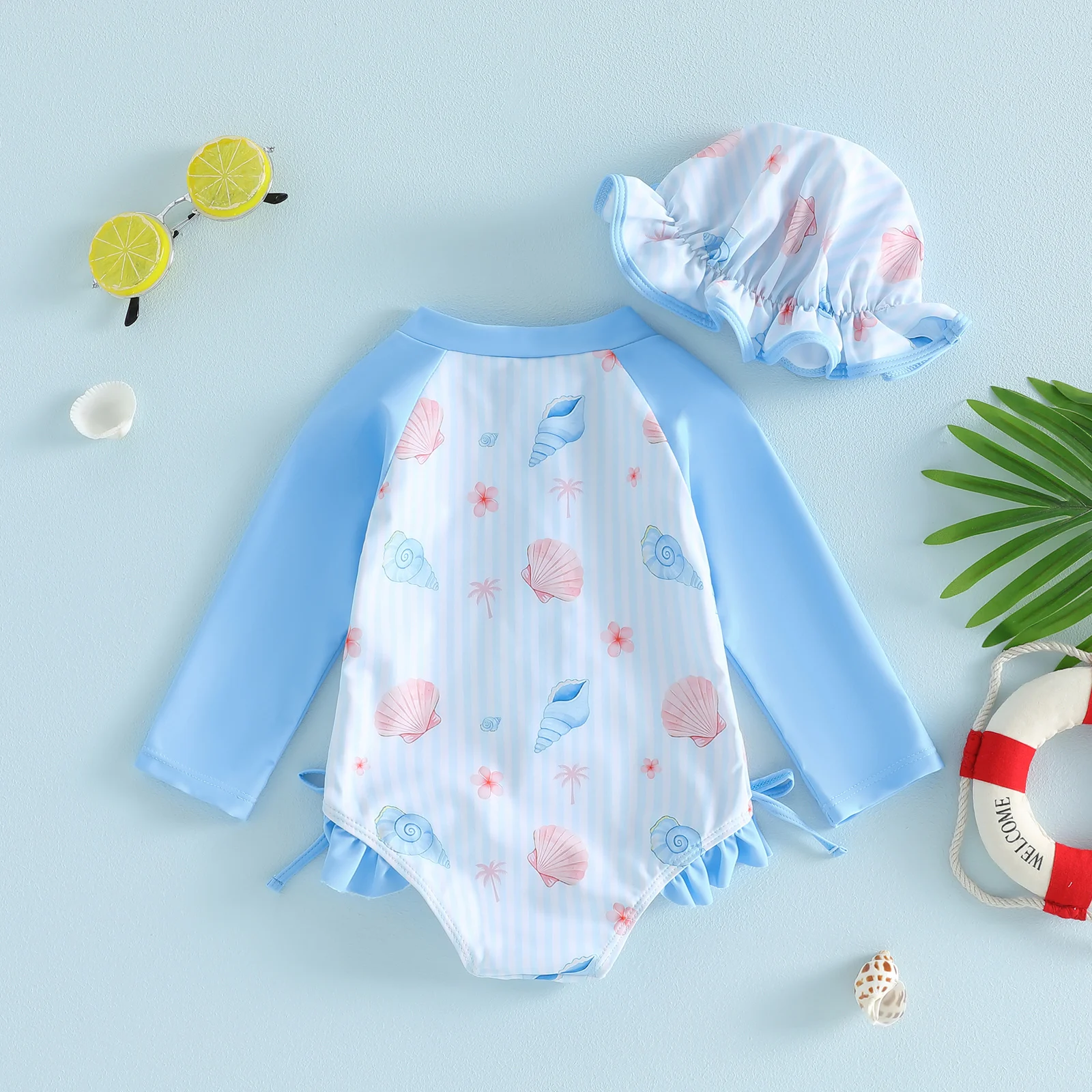 Bañador manga larga floral para niña – Estampado de conchas