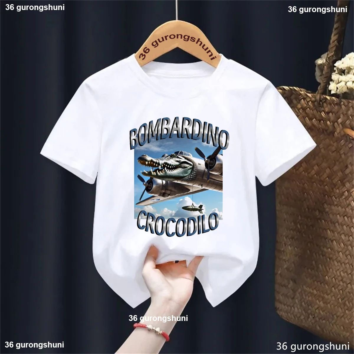 Bombardino Crocodilo italiano Brainrot Camiseta estampada niñas/niños divertidos Kawaii ropa para niños verano blanco negro gris azul camiseta - imagen 4