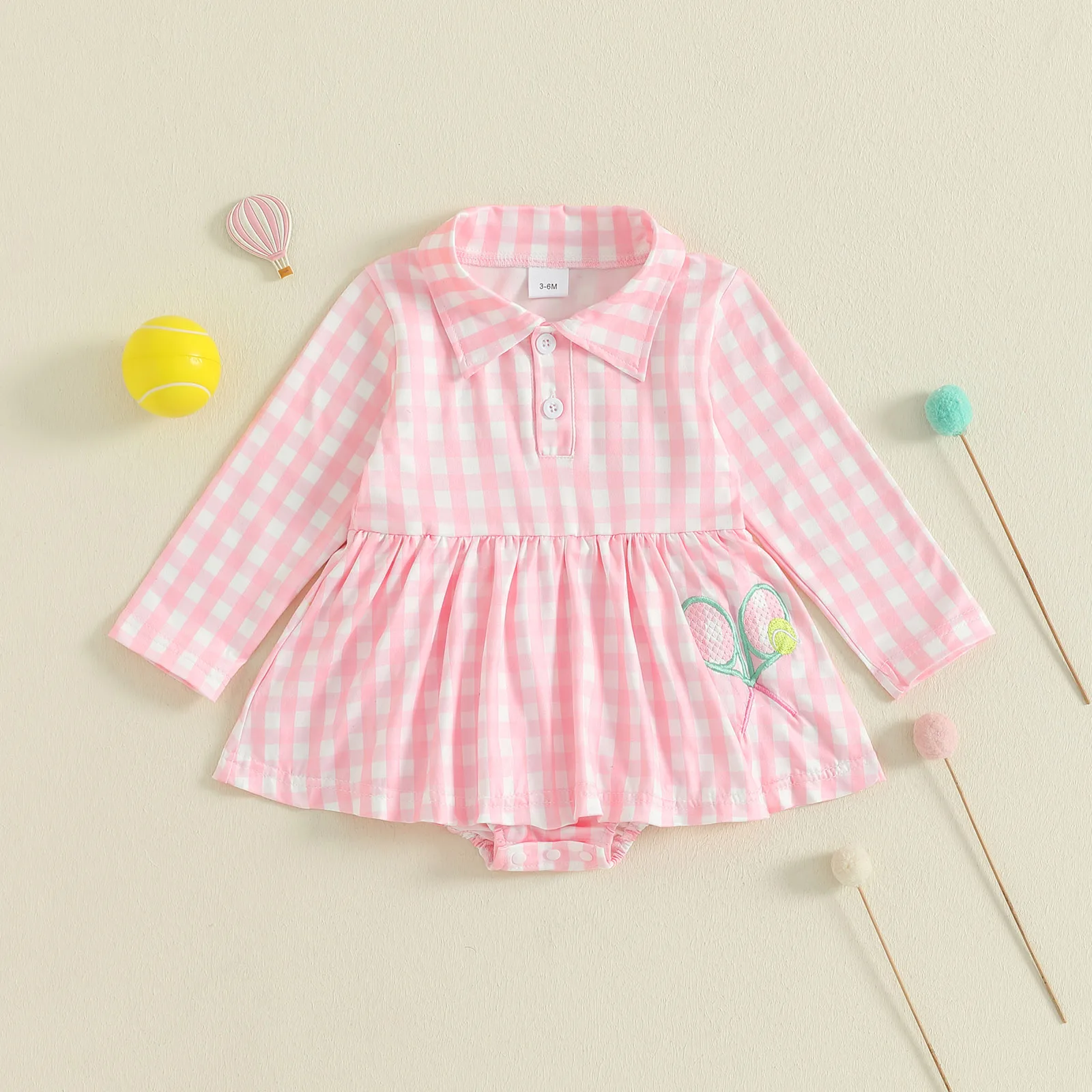 Pelele para niña recién nacida de 0 a 18 meses, vestido a cuadros de manga larga con bordado de tenis, vestidos de línea A, mono