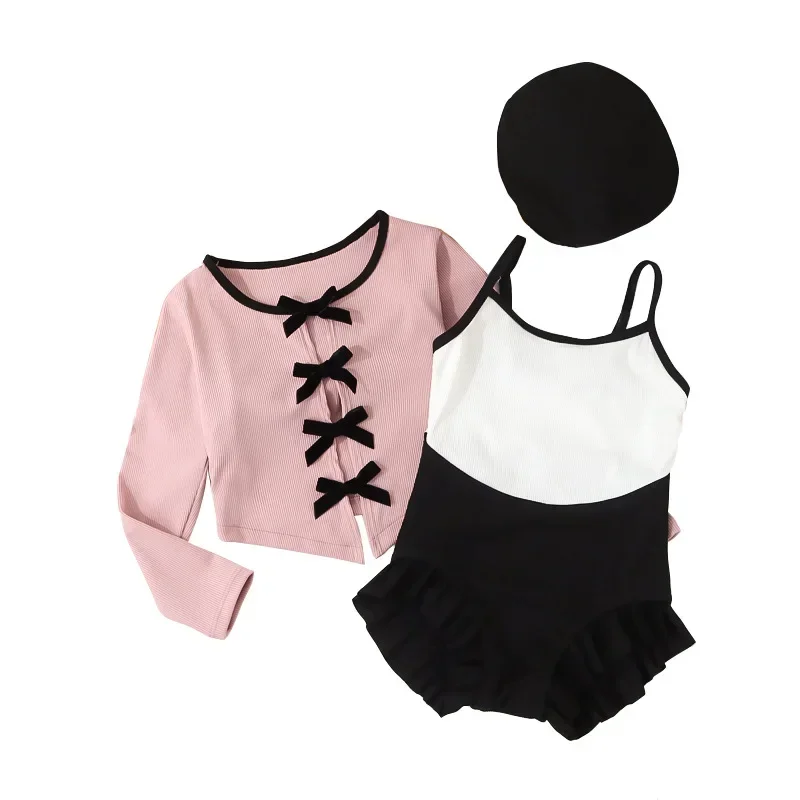 Nuevo 3 unids/set de traje de baño para niños, moda coreana, traje de baño con lazo para niño niña, traje de baño de Color negro y rosa, conjunto de sombrero, ropa de verano para niños - imagen 5