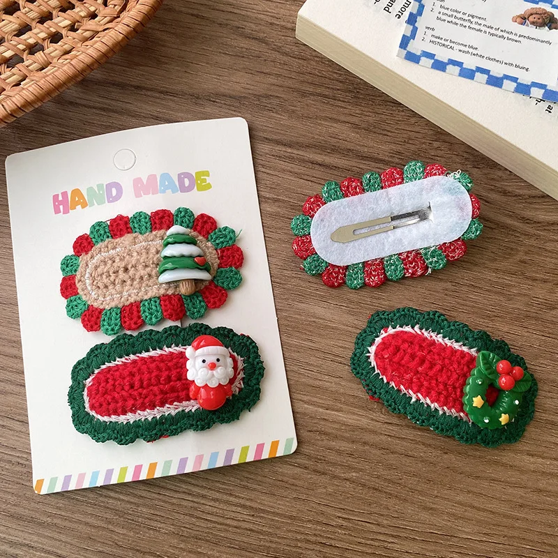 2 unids/set de pinzas para el cabello navideñas, horquillas tejidas de ganchillo con muñeco de nieve, pinzas para el cabello de encaje ovaladas de dibujos animados para niñas y niños, accesorios para niños pequeños - imagen 3