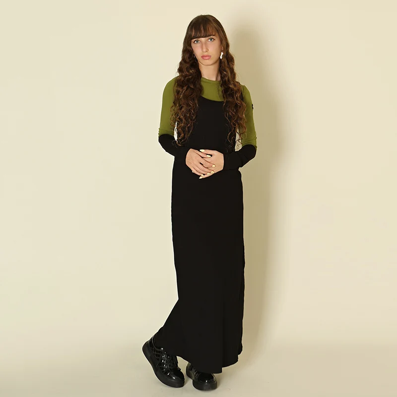 Aa-vestido de invierno sin mangas para mujer, camiseta acanalada negra, Mangas de bloque de color, camisa superior, cuello redondo grande, vestido acanalado - imagen 2