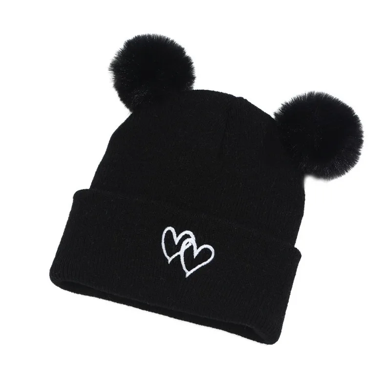 Lindo gorro de punto para bebé: bordado de doble corazón con pompones, gorro cálido suave y agradable para la piel, gorros unisex para clima frío. - imagen 3