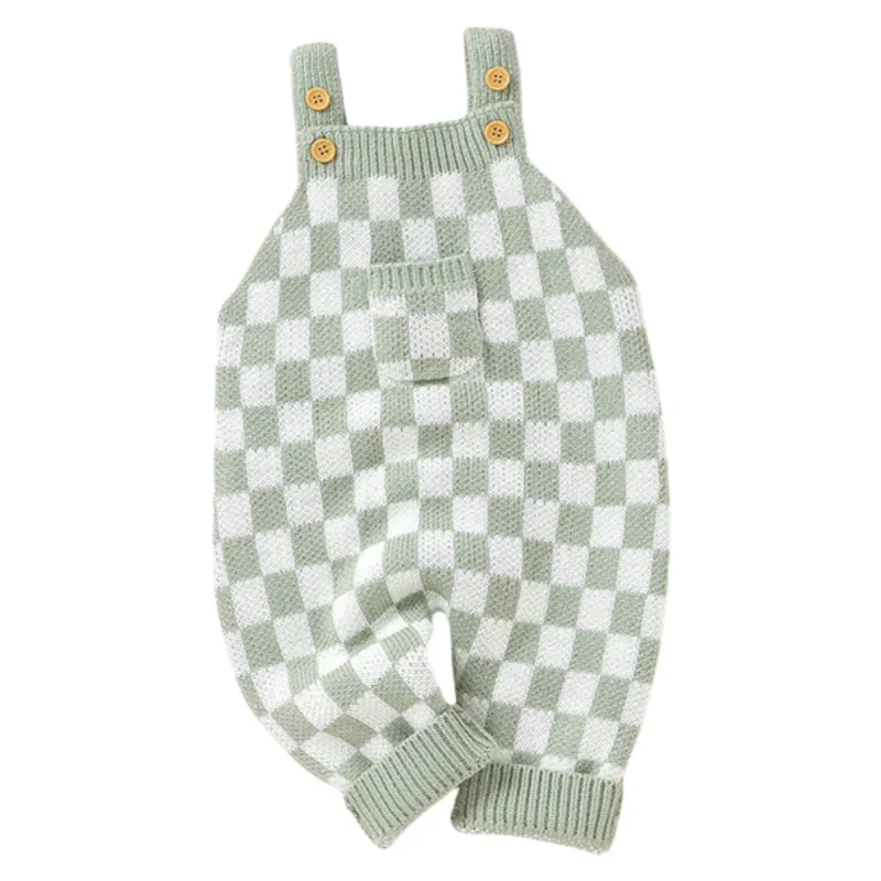 2025 otoño bebé recién nacido tejido mono con tirantes mono suave tablero de ajedrez diseño versátil monos para bebés y niñas - imagen 3