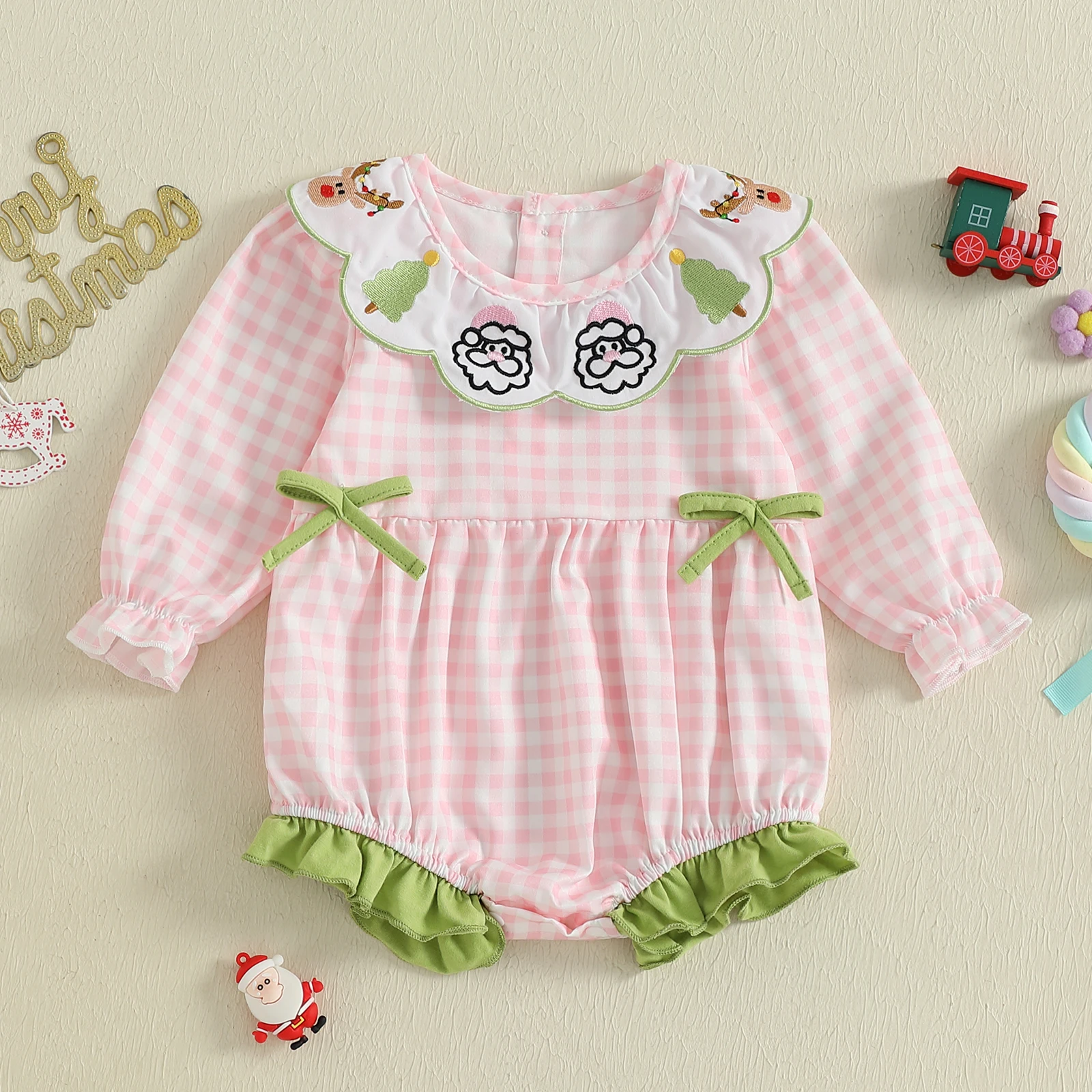 VISgogo Pelele navideño para niña de 0 a 18 meses, mono a cuadros con bordado de alces y árbol de Papá Noel, manga larga y cuello redondo