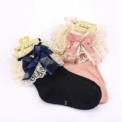 Calcetines cortos lindos y dulces de algodón de princesa calcetines tobilleros con volantes de encaje para niñas