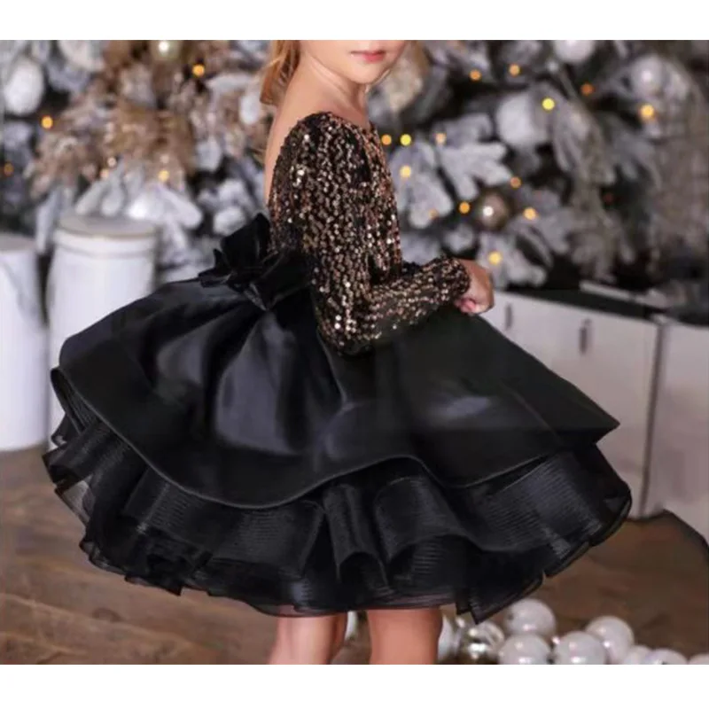 Vestido de princesa de lentejuelas negro y rojo con diseño sin espalda, tutú de tul de manga larga para niñas, vestidos formales para presentador y eventos para niñas