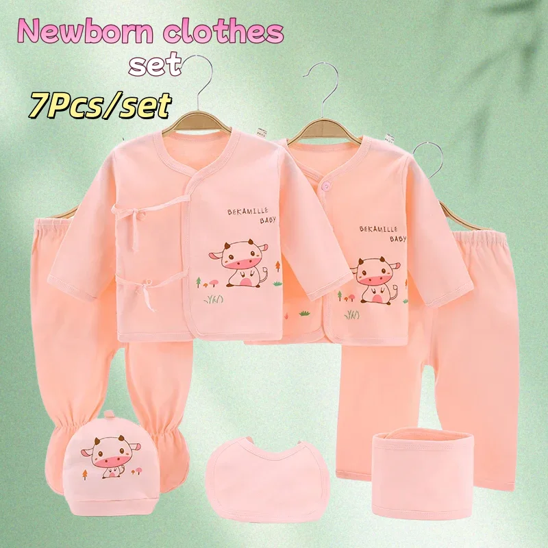 Ropa para recién nacido, trajes para niña, Top, pantalones, conjuntos de guantes para niño, otoño, primavera, estampado rosa, amarillo, azul cielo, 7 Uds. De 0 a 3 meses