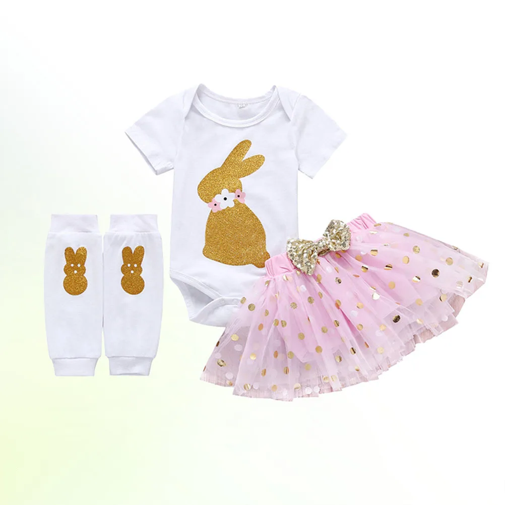 Conjunto de disfraz de conejo de Pascua, falda de malla de manga corta rosa, Kit de manga de pierna para niñas y niños, ropa de fiesta de Pascua de 70cm de altura - imagen 5