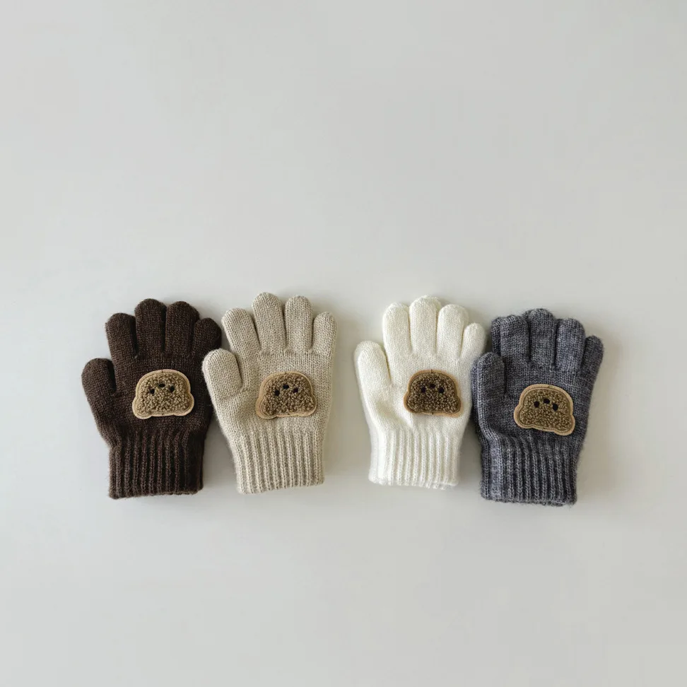 Manoplas de oso de dibujos animados para bebé, guantes cálidos de invierno para niños, guantes tejidos de Color sólido para niños pequeños, guantes gruesos para la dentición para niños de 3 a 7 años - imagen 3
