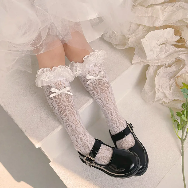 1 par de calcetines de pantorrilla con lazo de encaje japonés para niños y niñas, calcetines finos transpirables con huecos para niños, calcetines de nailon con volantes florales de talla única - imagen 3