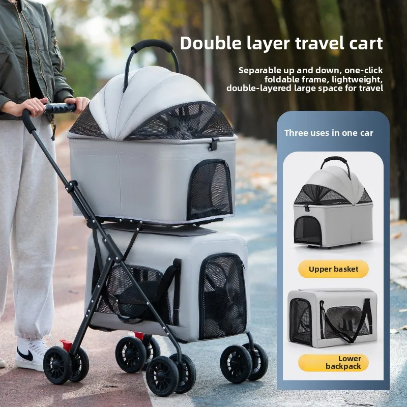 Carro para mascotas pequeño y mediano de doble capa, carrito separado para perros y gatos, cochecitos para mascotas de capas superiores e inferiores ligeros para exteriores