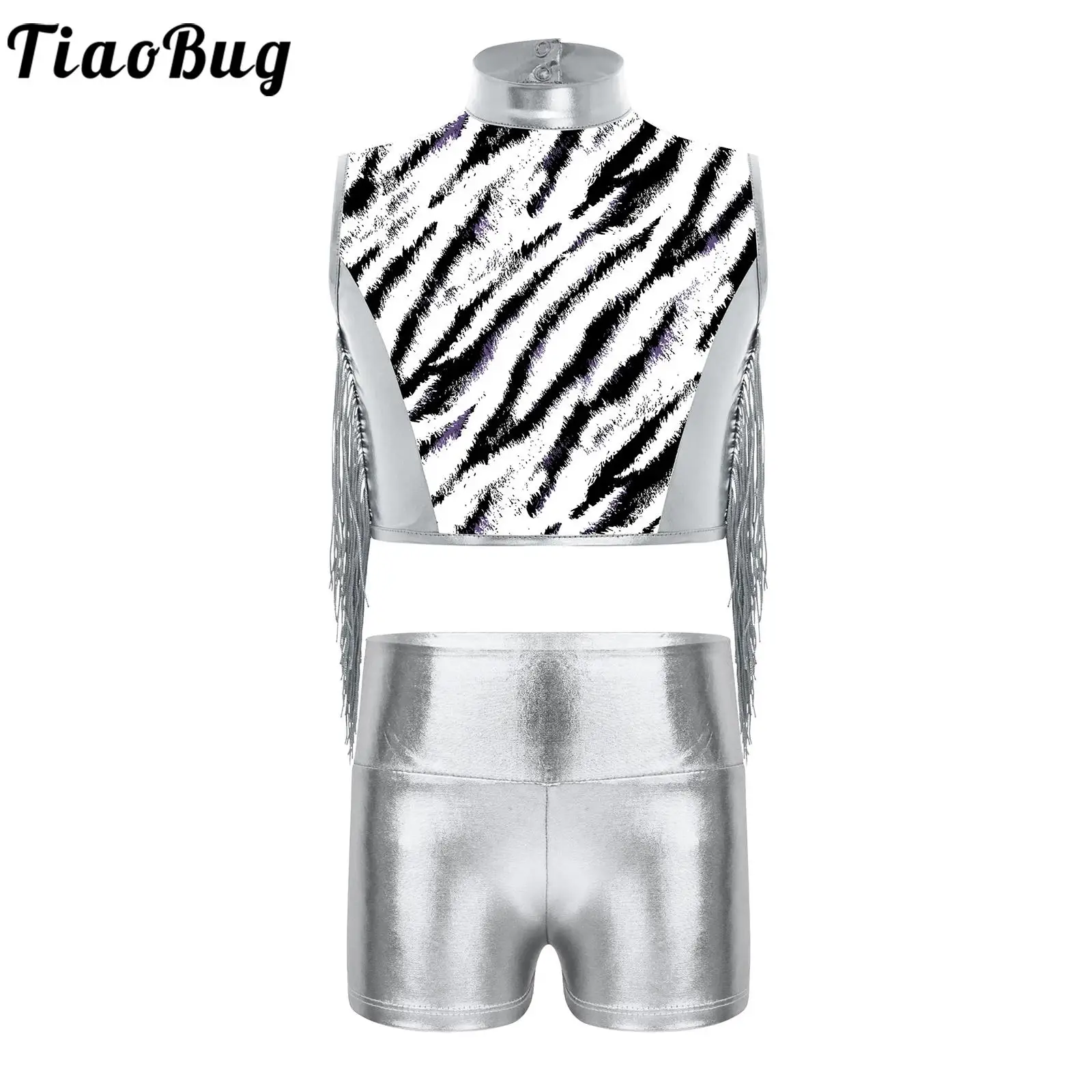 Traje de baile metálico con top y shorts para niñas – Estilo callejero - imagen 2